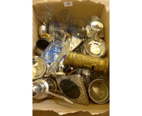 A box of various mixed silver-plated wares to include cruet items, champagne bowls, tea caddy, photograph frame and other ite