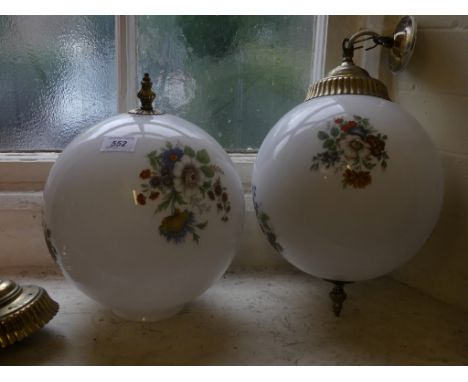 A pair of opaque glass and floral decorated hanging ceiling electric light fittings  (sold electrically untested)