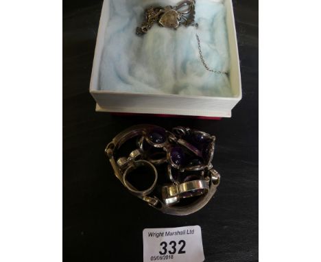 An amethyst and white metal bracelet, together with, a multi gem set silver ring, a silver heart locket necklace, a white sto