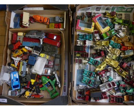 Two boxes of mixed toy vehicles to include Corgi, Lesney and others.