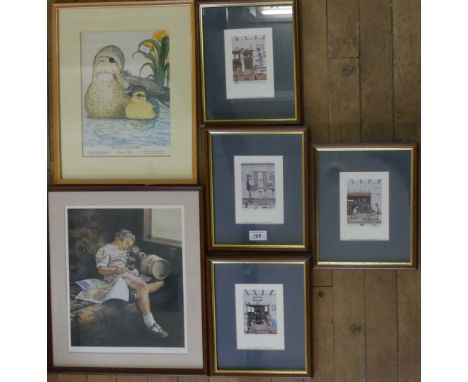 G. W. Birks, a group of four small framed signed prints together with Ralph Sweeney signed limited edition print of a sleepin