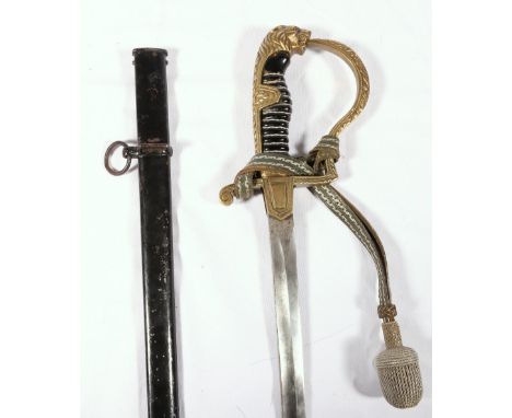 German Third Reich army officers sword with fullered blade, stirrup hilt and lions head pommel complete with scabbard and tro