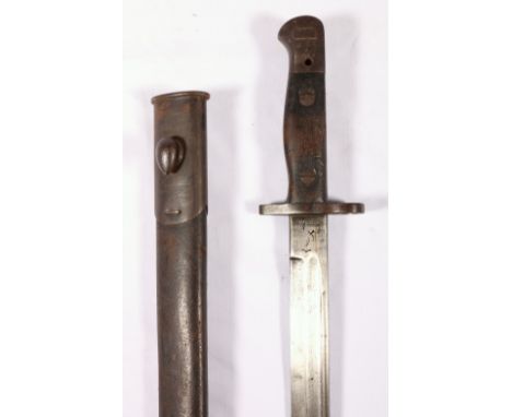 British sword bayonet pattern 1907 having fullered blade with ricasso stamped Wilkinson 8 18 (August 1918) and wood grip comp