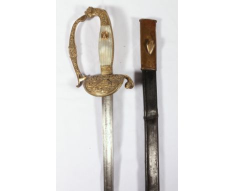 French Infantry Officers sword having fullered straight blade, brass hilt decorated with resting lion, trophies and masks and