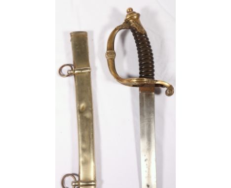 Prussian cavalry officers sword having curved fullered blade etched with two banners 'Utrecht' and 'Hd Hent', brass guard wit