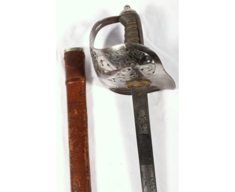 Victorian 1897 pattern infantry officers sword, the etched blade terminating in spear point decorated with VR cypher and flor