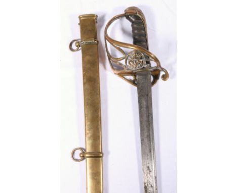 British 1822 pattern Infantry officers sword having curved pipe back blade brass hilt with GRIV cypher and fish skin grip com