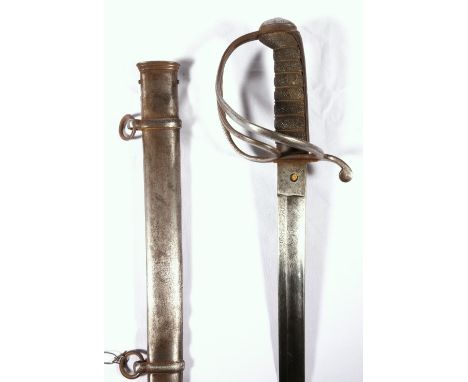 1821 pattern cavalry officers sword having slightly curved fullered etched blade, three bar steel guard with scroll quillion 