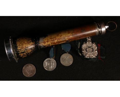 Post WWII miners torch lamp, KOSB cap badge, two Dumfries Edward VII coronation medals and a Netherlands Willem II silver 2.5