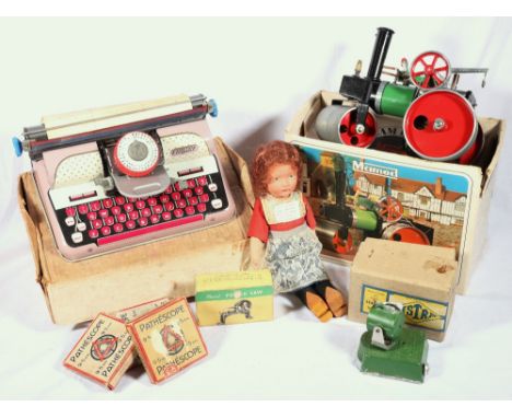 Malins (Engineers) Ltd, Mamod SR1a steam roller boxed, Astra search light boxed, Mettoy Elegant typewriter boxed, Dutch doll,