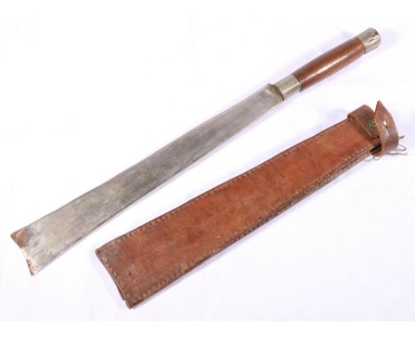 WWII machete with wood grip and white metal mounts complete with leather sheath, 51cm long