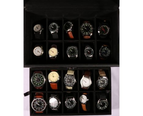 Case of twenty Eagle Moss collection and other reproduction military watches including 1940's Japanese pilot watch, 1950's Br
