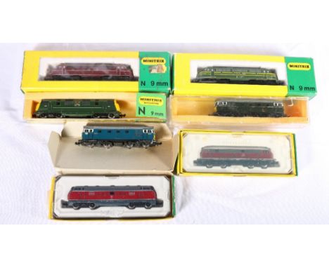 Six Minitrix electric N gauge model railways diesel locomotives boxed and another unboxed