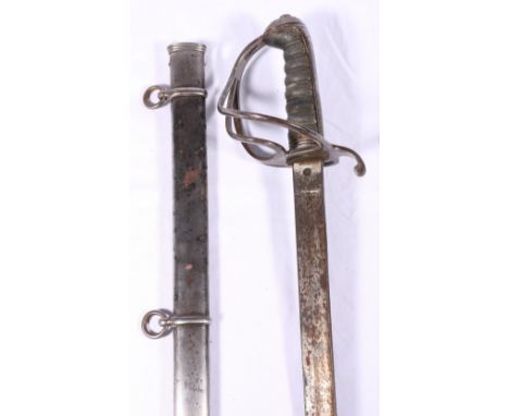 British 1821 pattern light cavalry officers sword having etched fullered blade, three bar hilt with scroll quillion and fish 