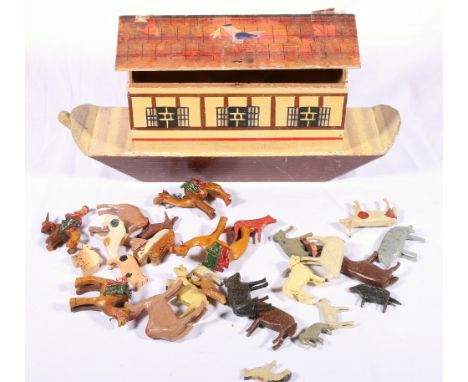 Noah's Ark, painted wood model with hinged roof opening to reveal animal models, 41cm long