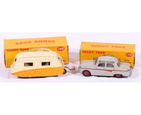 Dinky Toys 176 Austin A105 saloon with pale grey body, red panel line and red hubs, boxed and Dinky Toys 190 caravan with yel