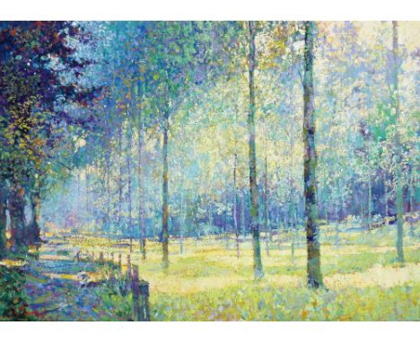Arthur K. Maderson (b.1942) POPLARS, EARLY MORNING, POWYS oil on board signed lower left; signed and titled on reverse 32 by 