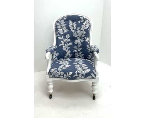 Victorian Spoon Back Chair, upholstered in blue ground fabric with white floral pattern, turned supports and castorsDimension