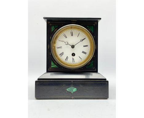 Victorian black slate mantel clock timepiece, the case with engraved and gilt decoration and inlaid with malachite, circular 