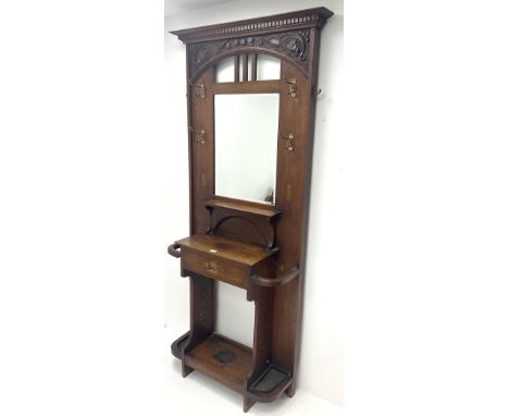 Edwardian oak hallstand, raised bevel edge mirror back, projecting cornice, four coat hooks, single shelf and drawer, solid e