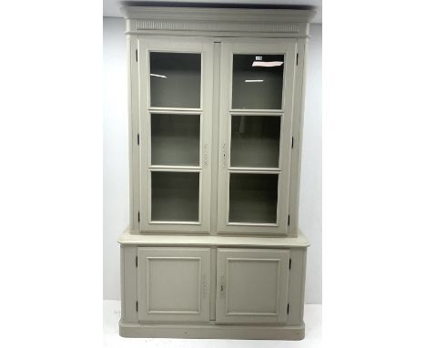 Laura Ashley Cabinet, projecting cornice, two glazed doors enclosing two shelves, above two cupboard doors enclosing single s