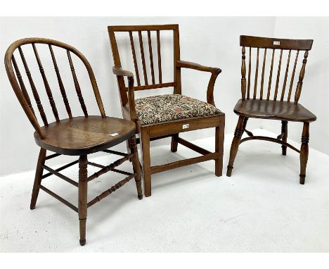 19th century Elm stick back dining chair, shaped cresting rail, turned supports joined by crinoline stretcher (W45cm) and two