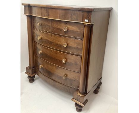 Victorian mahogany bow front Scotch chest, single secret frieze drawer above two short and three drawers, circular pilasters,