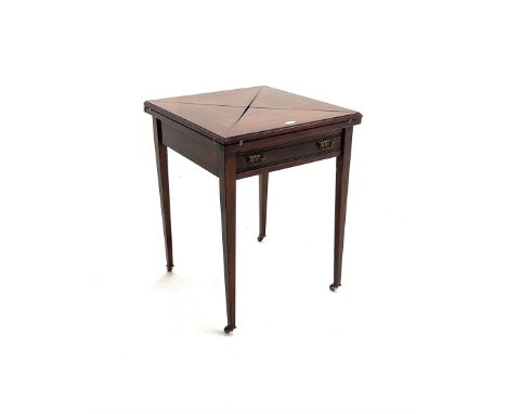 Edwardian envelope card table, inlaid baize top, four counter wells, stile supports and castors Dimensions: Height:&nbsp;74cm