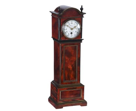 Ω A French brass mounted tortoiseshell mantel timepiece in the form of a miniature longcase clock, the dial signed for Philip