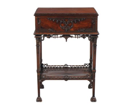  A mahogany box on stand in George III style  , incorporating period elements, in the manner of Thomas  Chippendale,  the hin