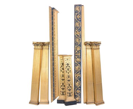  A group of various gilt and painted architectural wall ornaments   including pilasters, cornice, and frieze,  