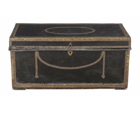  A leather and brass bound camphorwood trunk  , 19th century, probably Chinese colonial , with decorative stud work, 50cm hig