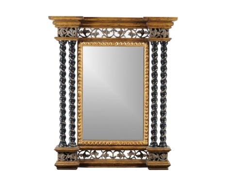  A large gilt and ebonised wall mirror  , late 20th century, by Harrison  &  Gil, the cornice above a pierced scrolling friez