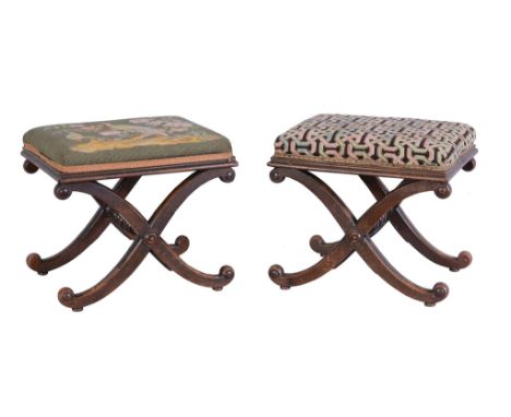 Ω A pair of Regency rosewood footstools, circa 1815, each with tapestry upholstered seats above X-frame supports, 36cm high, 