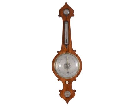 Ω An early Victorian rosewood wheel barometer , Kemp, Peckham, circa 1840, with dry/damp dial above thermometer, 10inch silve