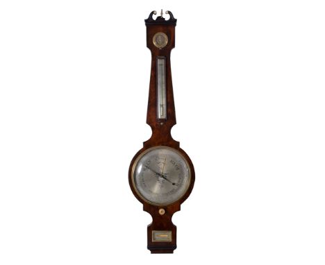 Ω A Flame mahogany and ebony strung wheel barometer , G Halabergo, Banbury, first quarter 19th century, the case with dry/dam