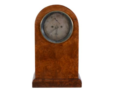 An English burr walnut mantel clock, unsigned,   mid-19th century and later, the circular twin fusee striking movement with 