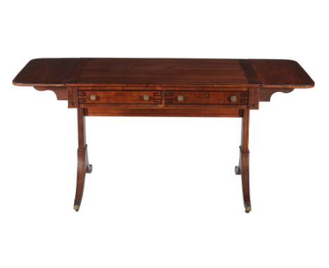  A Regency partridgewood and oak sofa table  , circa 1820, the rectangular top with Greek key inlaid banding, with two short 