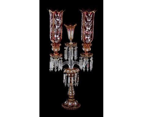  A modern Czech or Beykoz press-moulded, clear glass, ruby-flashed and enamelled and gilt three-light table candelabrum,   wi
