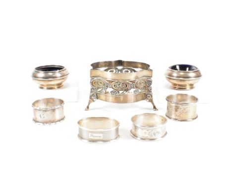A collection of silverware. The silver to include two hallmarked Victorian salts having blue glass liners, hallmarked Birming
