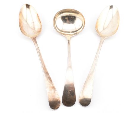 Pair of hallmarked Georgian silver serving spoons. Hallmarked London with sponsors mark illegible, date letter C for 1798 / 1