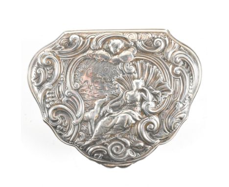 A George II hallmarked silver parcel gilt snuff box. The snuff box having repouss&eacute; decoration to the lid of Venus. Hal