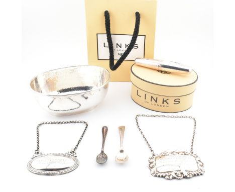 A collection of silver and silver plated items. The collection to include 925 Sterling silver planish decorated bowl bowl of 