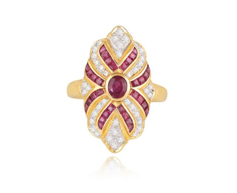 A RUBY AND DIAMOND RINGOf oval-shape with scalloped borders, centring an oval-shaped ruby, to radiating lines set with calibr