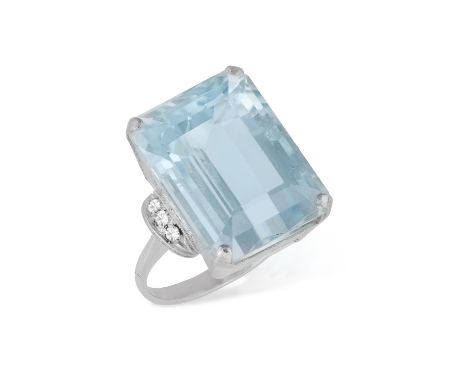 AN AQUAMARINE AND DIAMOND DRESS RINGThe rectangular-cut aquamarine weighing approximately 17.00cts, between single-cut diamon