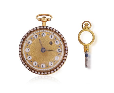 A  GOLD & SEED PEARL FOB POCKET WATCHThe golden guilloché dial, Arabic numeral hour markers and blued Bréguet hands, with see