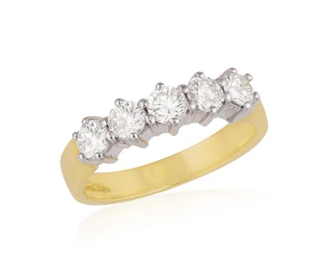 A DIAMOND FIVE STONE RINGOf bi-coloured design, claw-set with five brilliant-cut diamonds, mounted in 18K gold, maker’s mark 