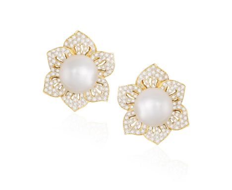 A PAIR OF CULTURED PEARL AND DIAMOND EARRINGSEach of flower design, centring a cultured pearl of white tint measuring 12.2mm,