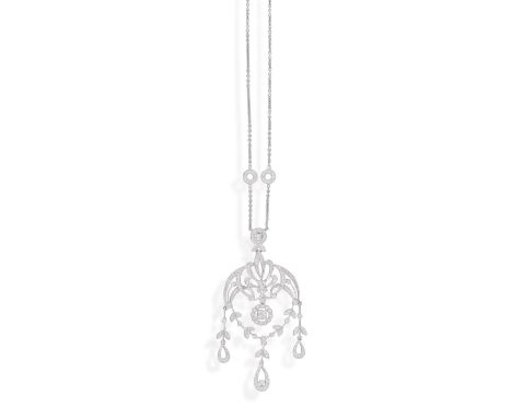 A DIAMOND PENDANT NECKLACEThe fine cable-link necklace enhanced with two circular motifs, set with brilliant-cut diamonds, su