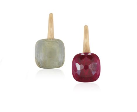 POMELLATO: A PAIR OF TOPAZ AND AMETHYEST NUDO CLASSIC EARRINGSEach polished hook set with either a faceted topaz or amethyst,